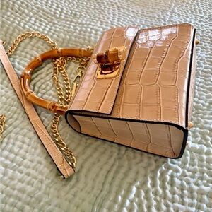 German Fuentes Cream Croc-Embossed Handbag with Bamboo Handles
